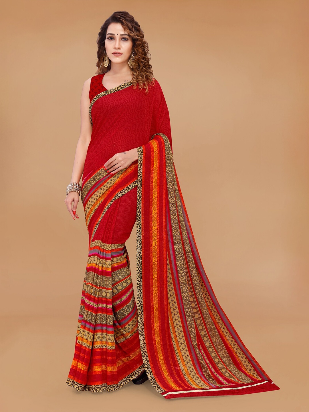 Moda Rapido Floral Printed Saree, Red