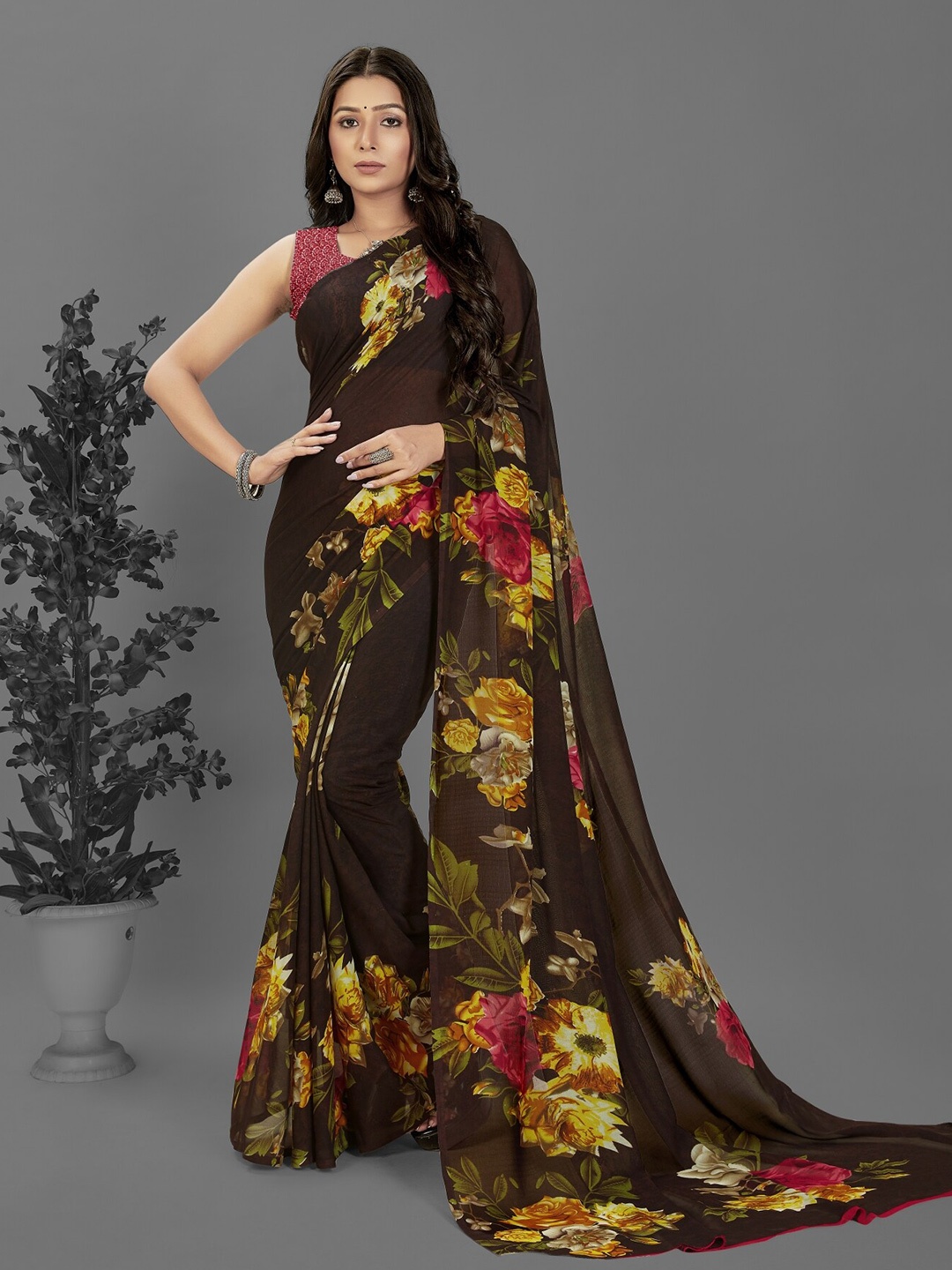 

ANAND SAREES Floral Printed Saree, Brown