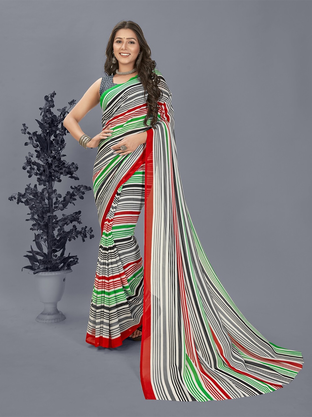

ANAND SAREES Striped Printed Saree, Grey