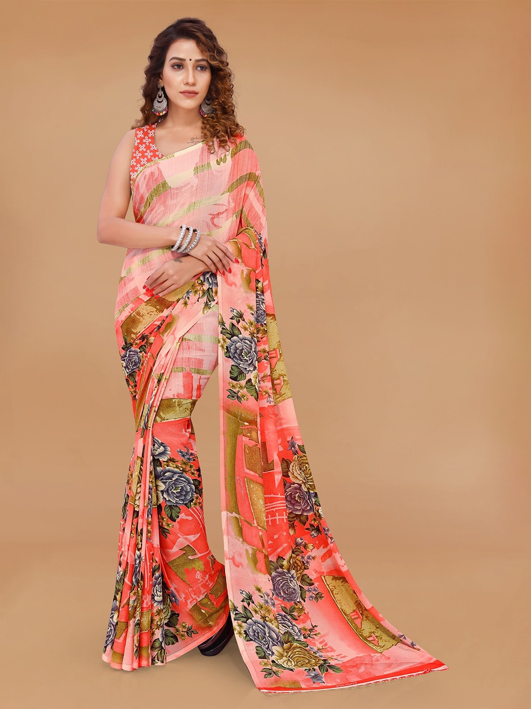 

Moda Rapido Floral Printed Saree, Orange