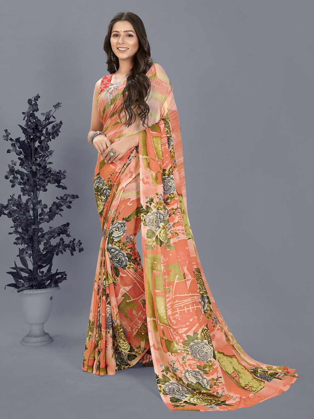 

Moda Rapido Floral Printed Saree, Orange