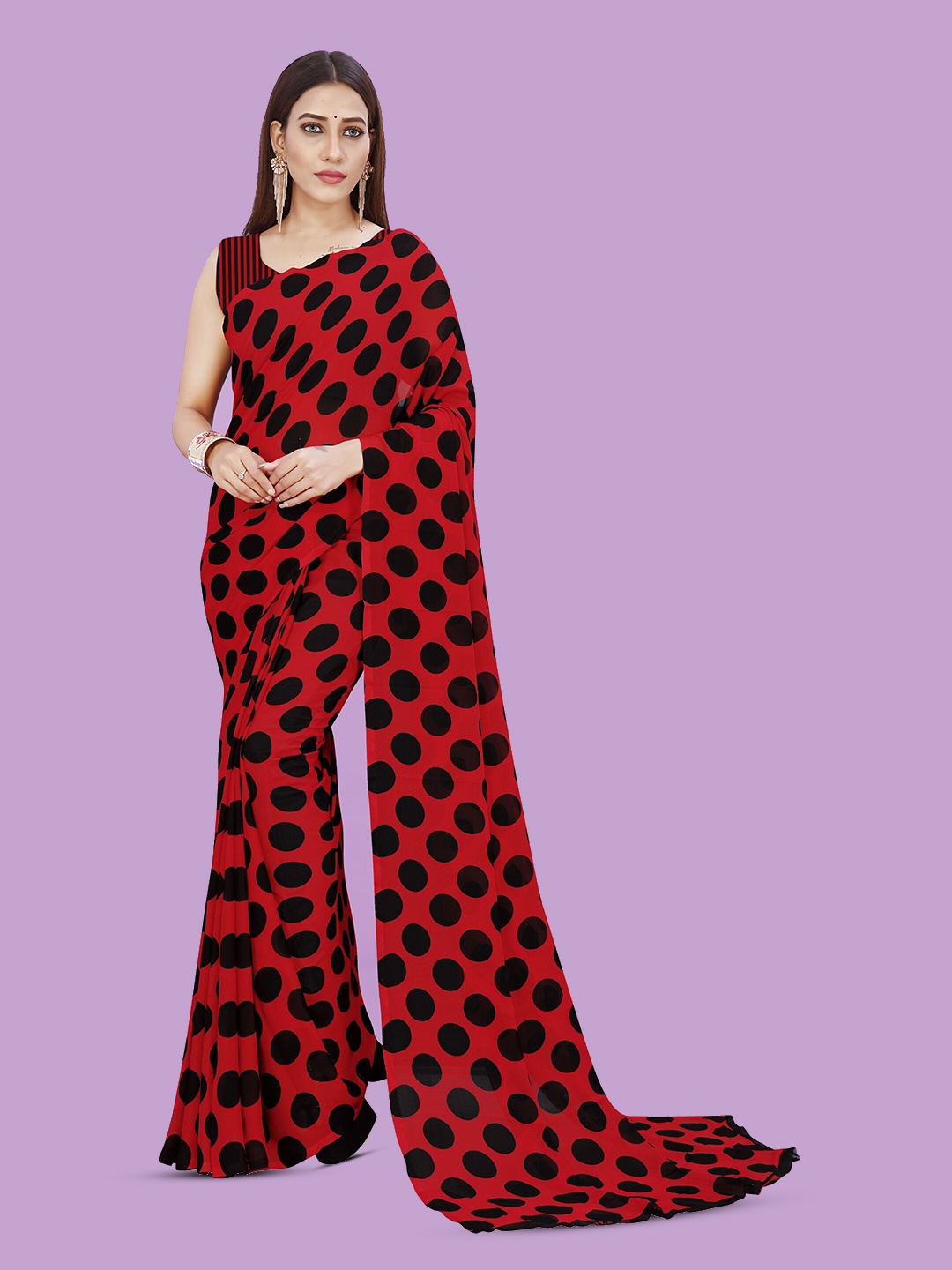 

Moda Rapido Polka Dot Printed Saree, Red