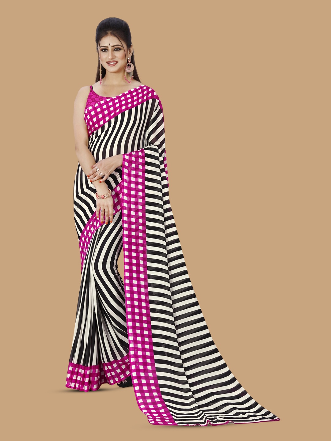 

ANAND SAREES Striped Printed Saree, Pink