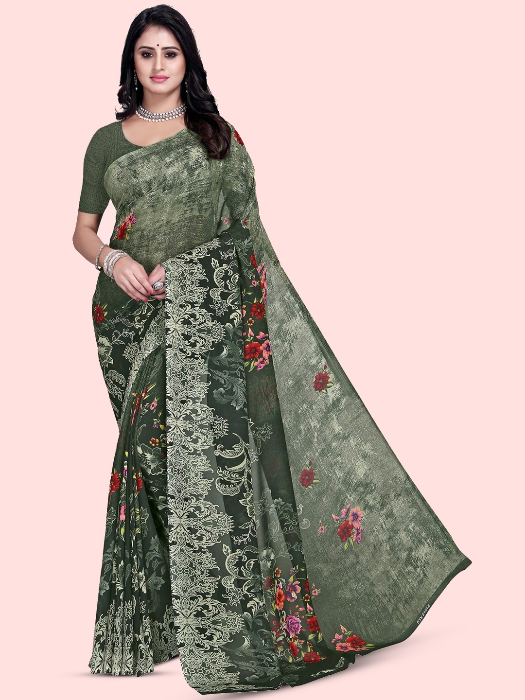 

Moda Rapido Floral Printed Saree, Green