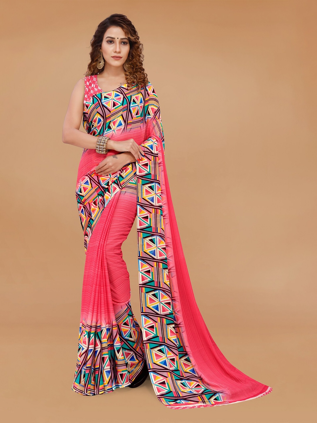 

Moda Rapido Geometric Printed Saree, Pink