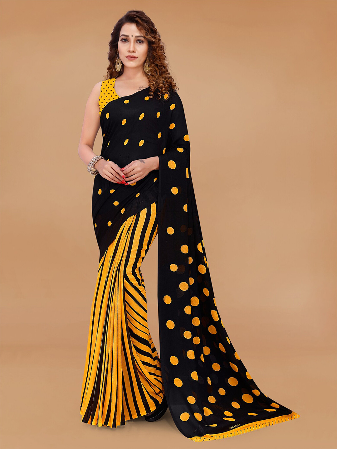 

Moda Rapido Polka Dot Printed Half & Half Saree, Black