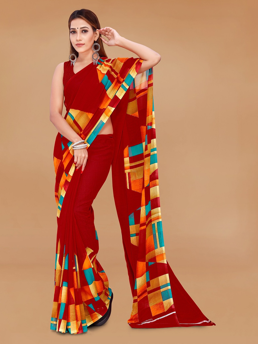 

ANAND SAREES Abstract Printed Saree, Red