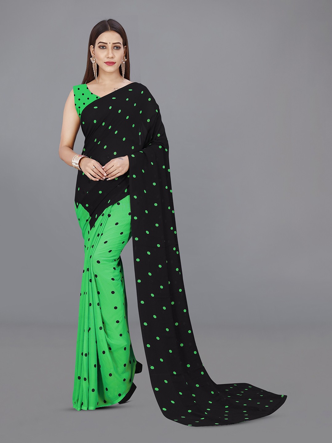 

Moda Rapido Polka Dot Printed Half and Half Saree, Green