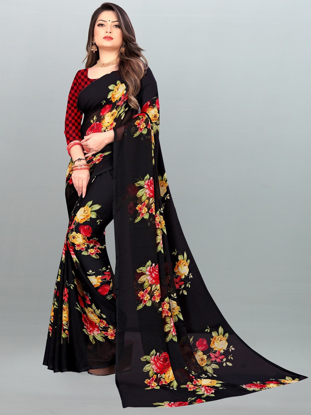 

Moda Rapido Floral Printed Saree, Black
