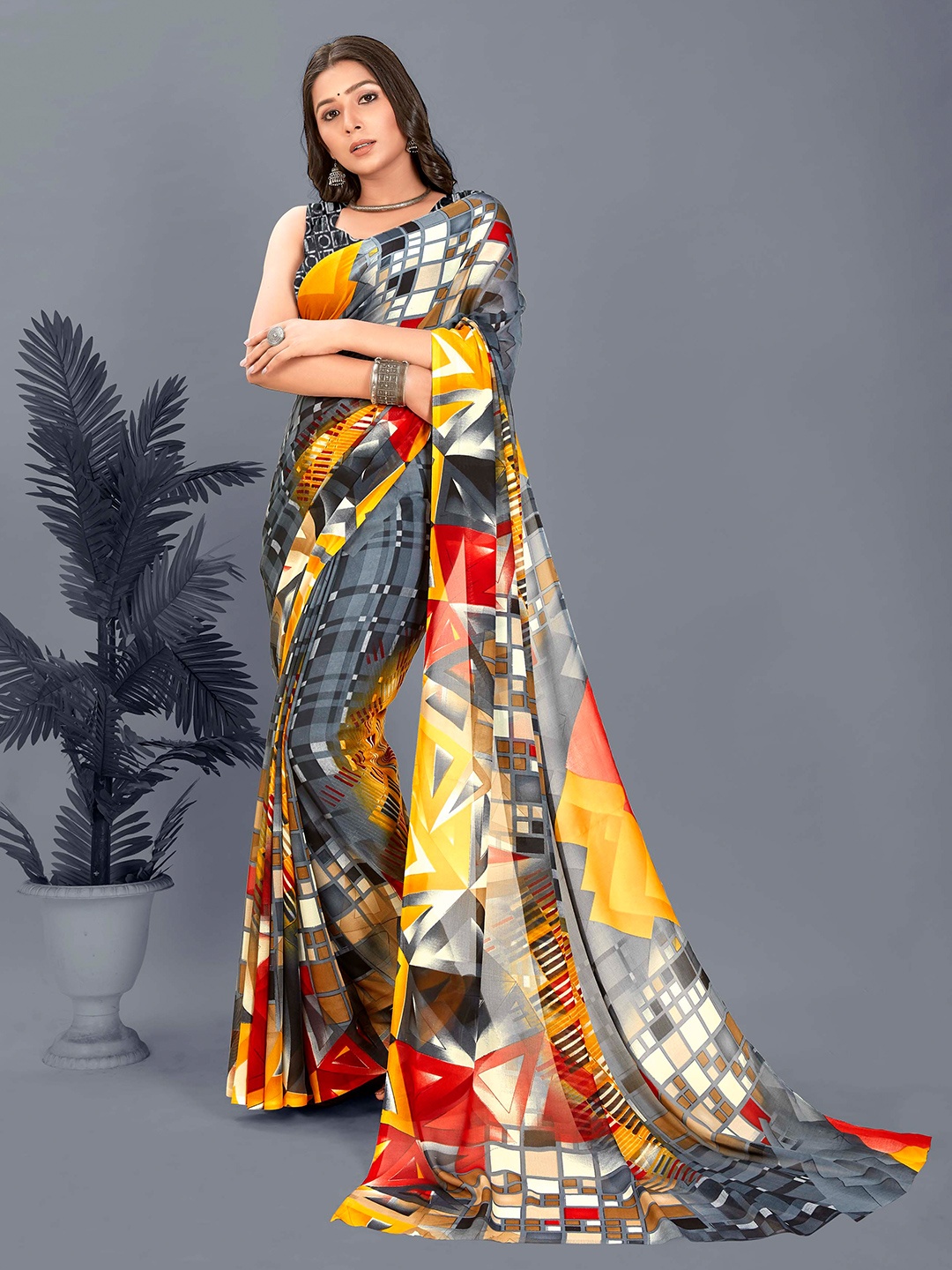 

Moda Rapido Geometric Printed Saree, Grey