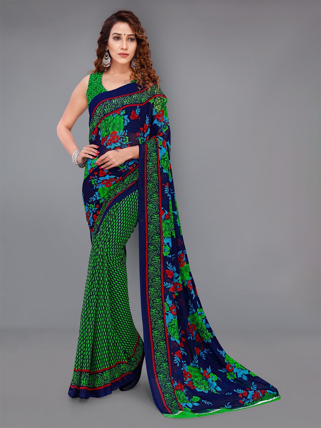Moda Rapido Floral Printed Saree, Green