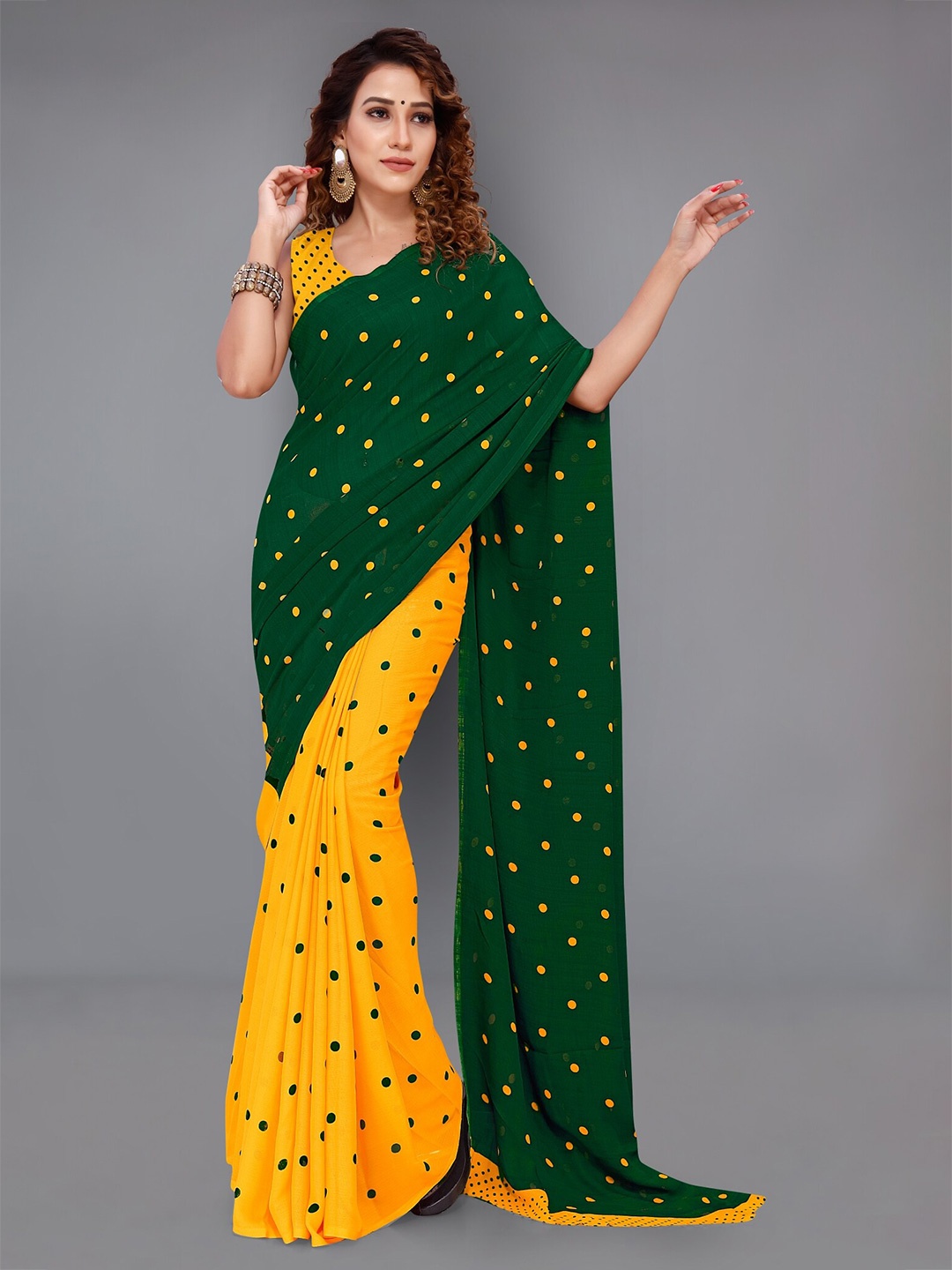 

Moda Rapido Polka Dot Printed Half and Half Saree, Green
