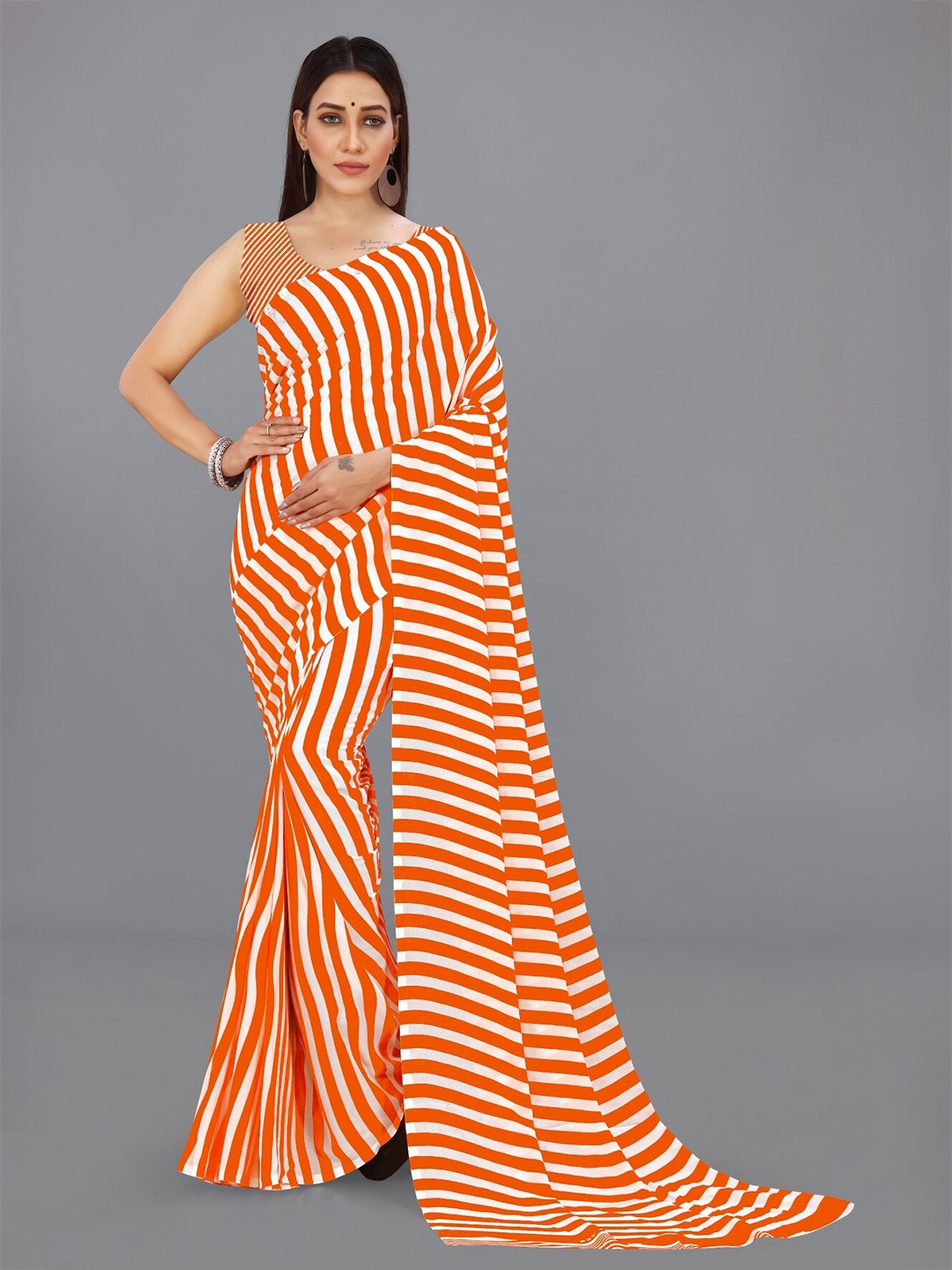 

ANAND SAREES Striped Printed Saree, Orange