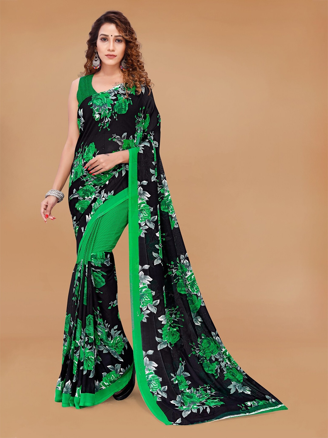 Moda Rapido Floral Printed Saree, Green