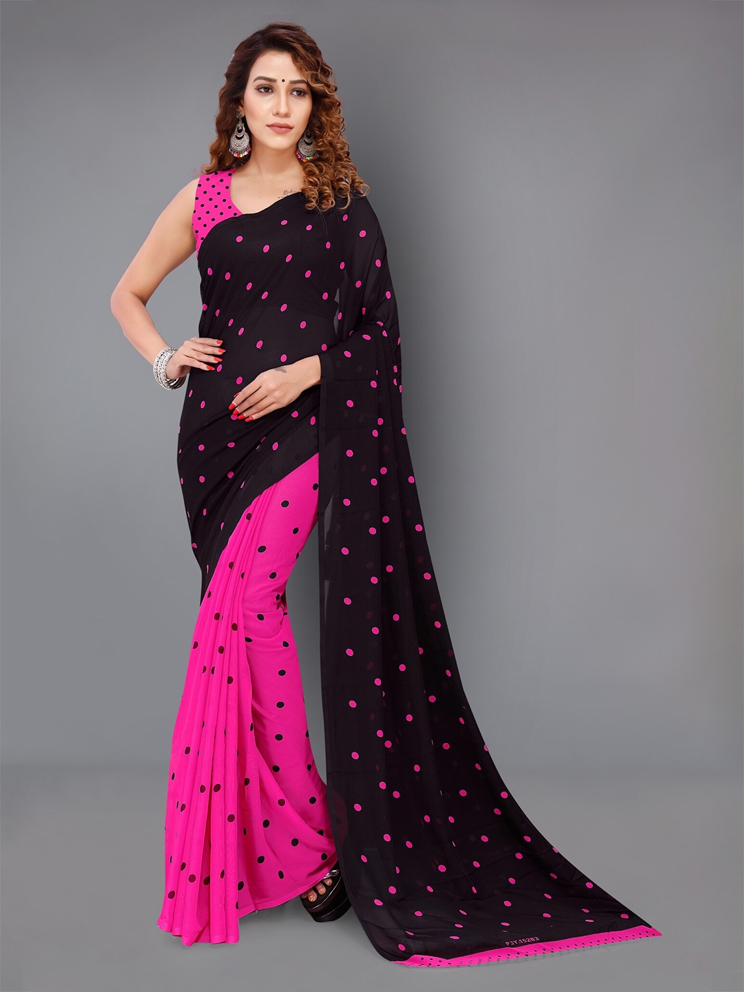 

Moda Rapido Polka Dot Printed Saree, Black