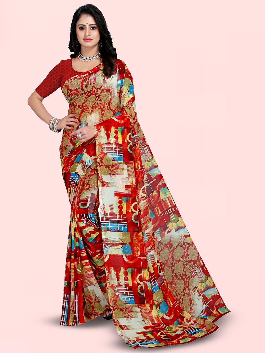 

ANAND SAREES Abstract Printed Saree, Red