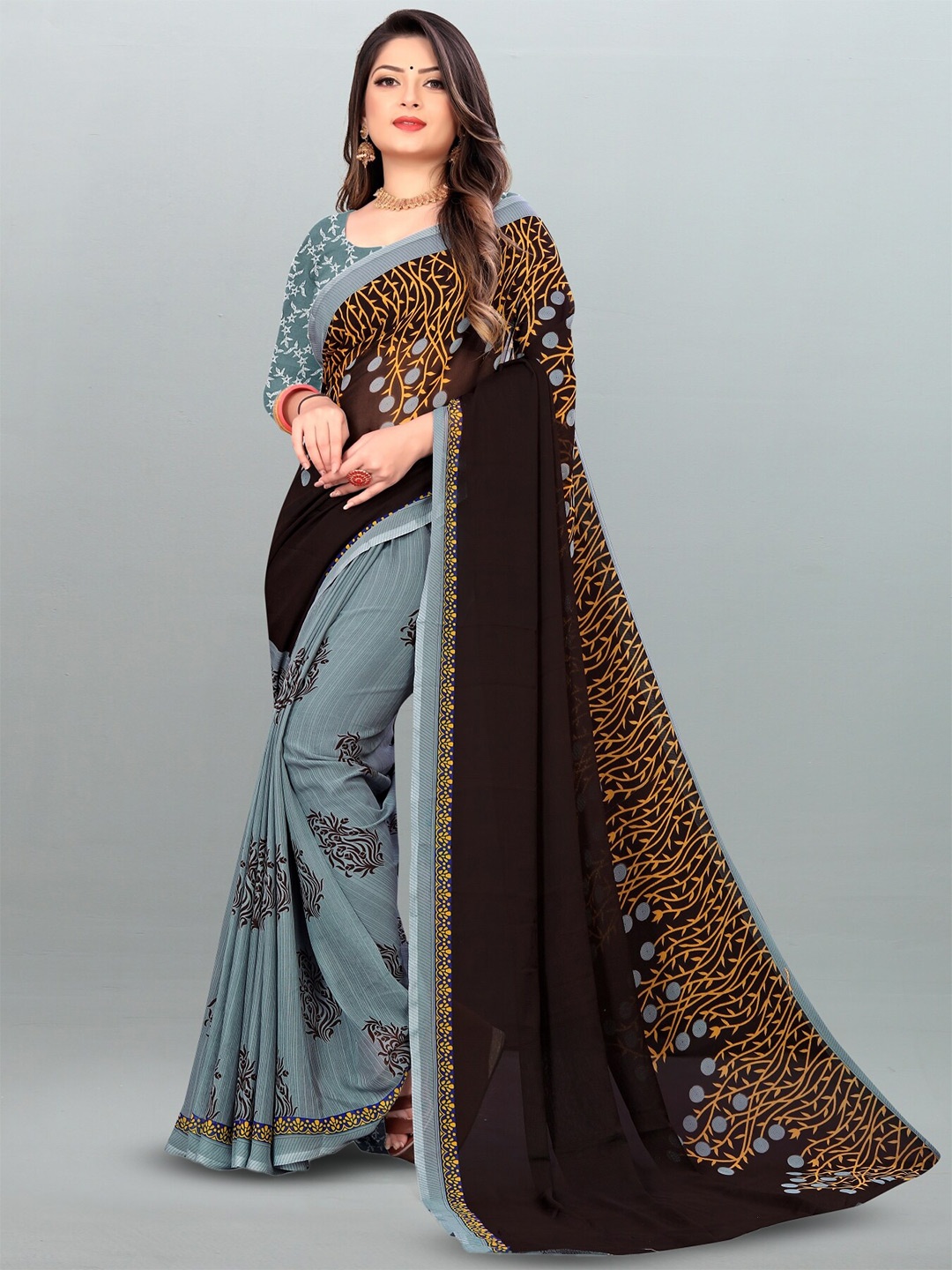 Moda Rapido Floral Printed Saree, Brown