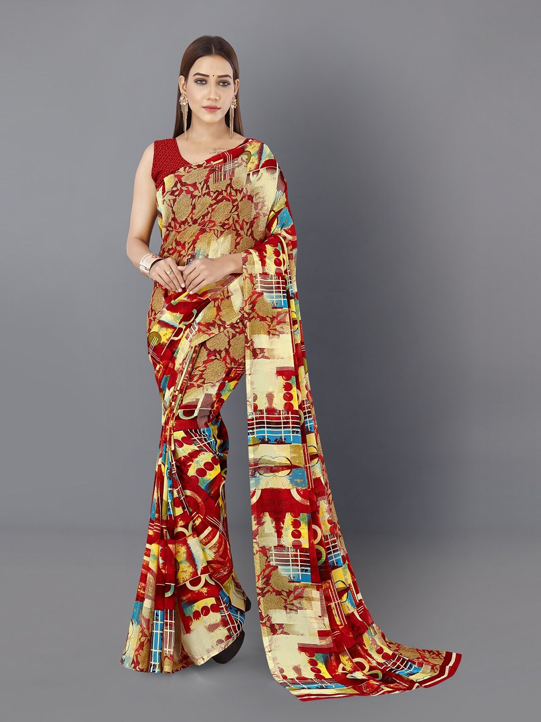 

ANAND SAREES Abstract Printed Saree, Red