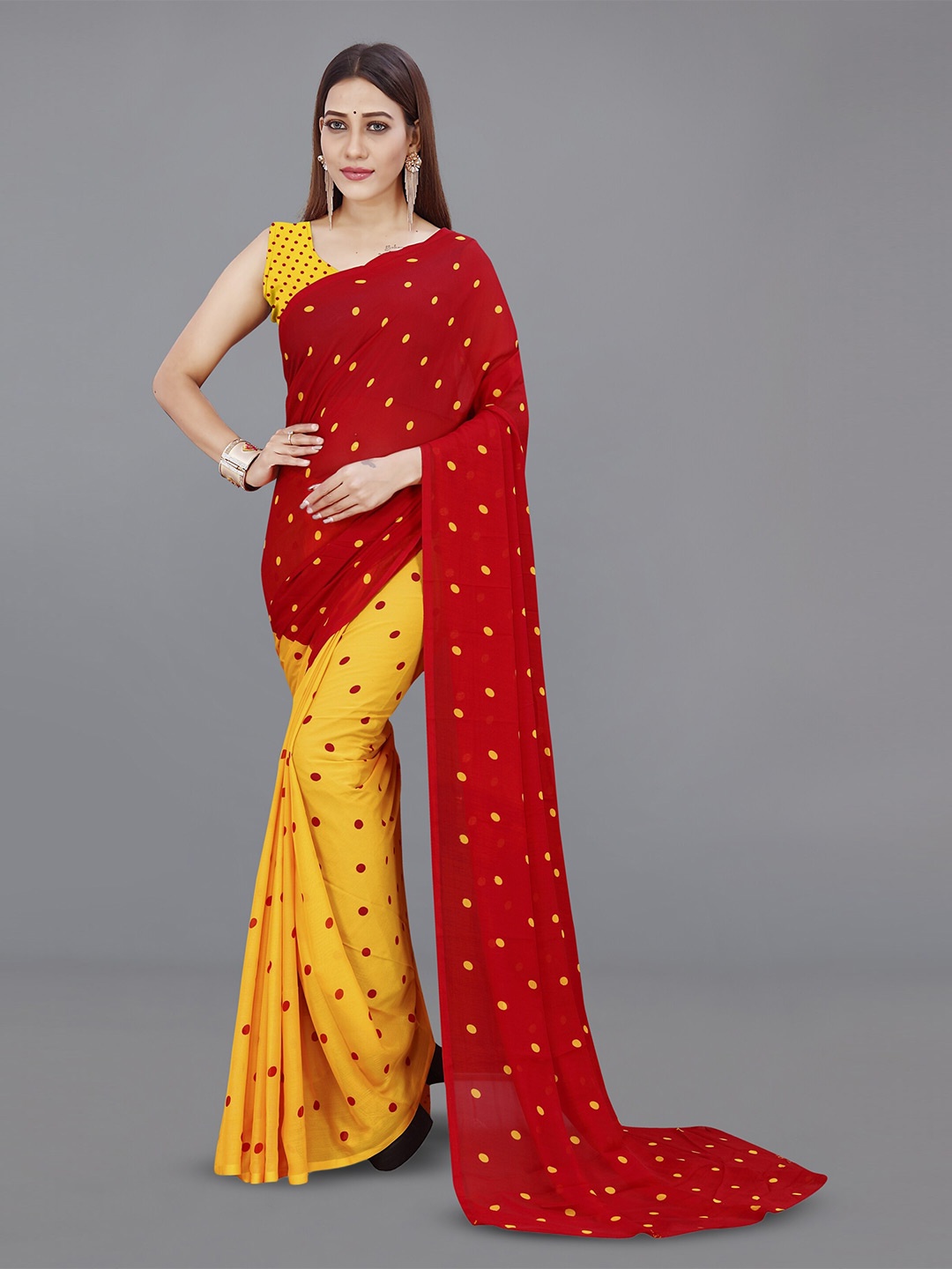 

Moda Rapido Polka Dot Printed Saree, Red