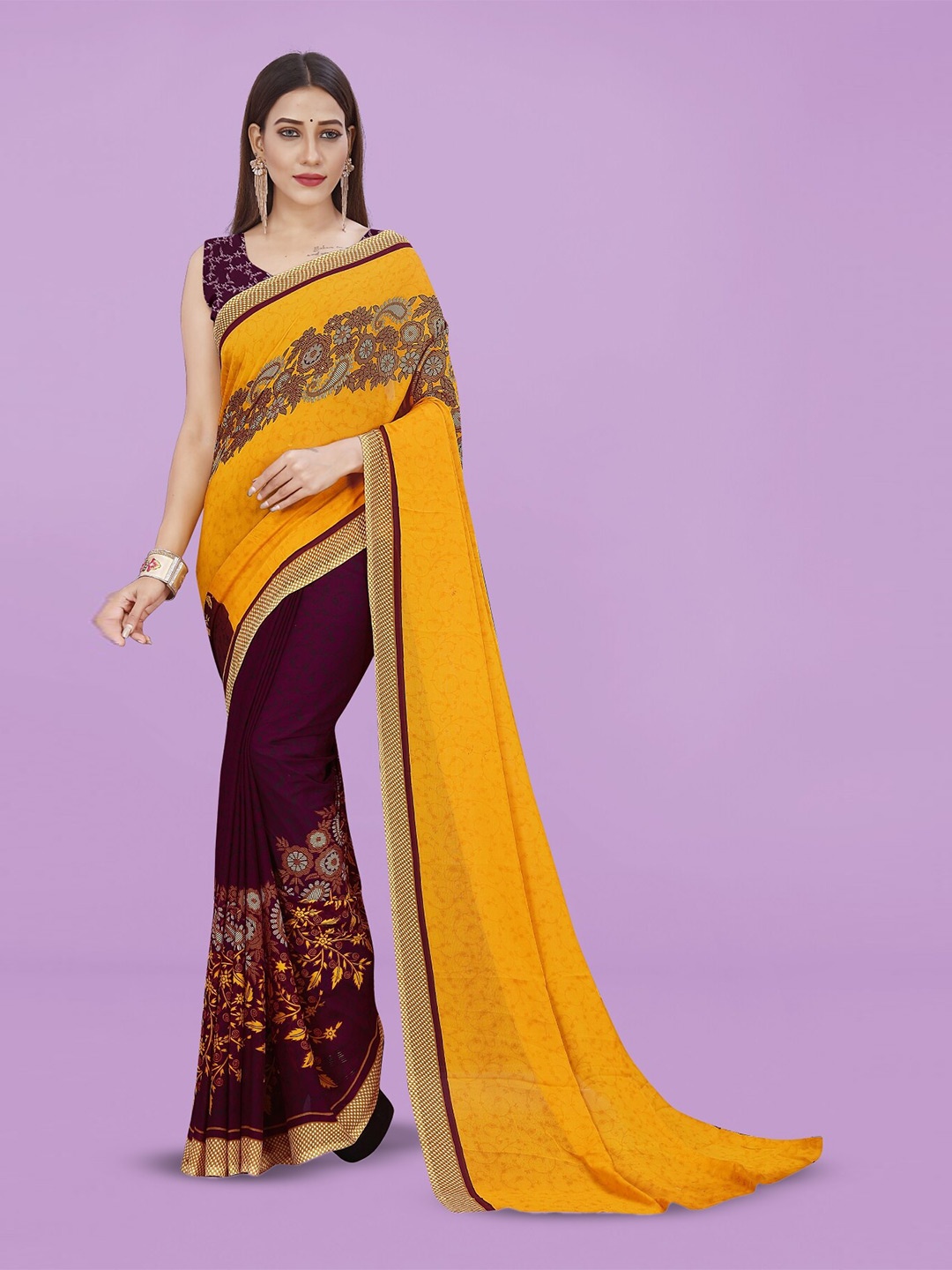

Moda Rapido Floral Printed Half and Half Saree, Yellow