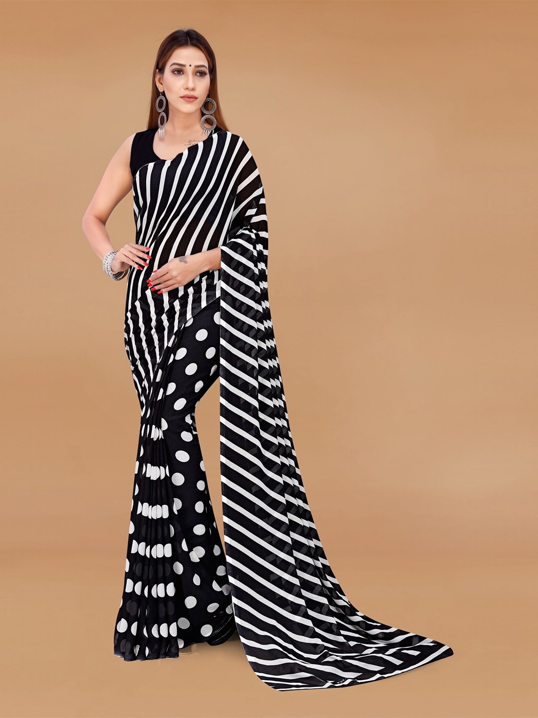 

Moda Rapido Polka Dot Printed Half and Half Saree, Black