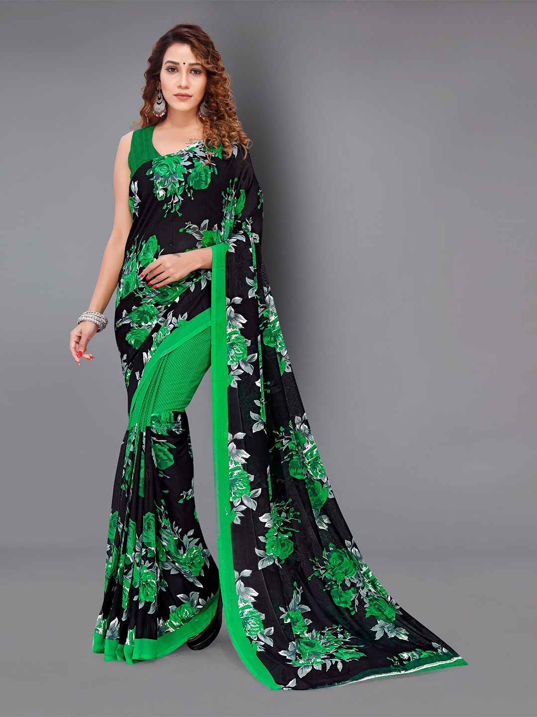 

Moda Rapido Floral Printed Half and Half Saree, Black