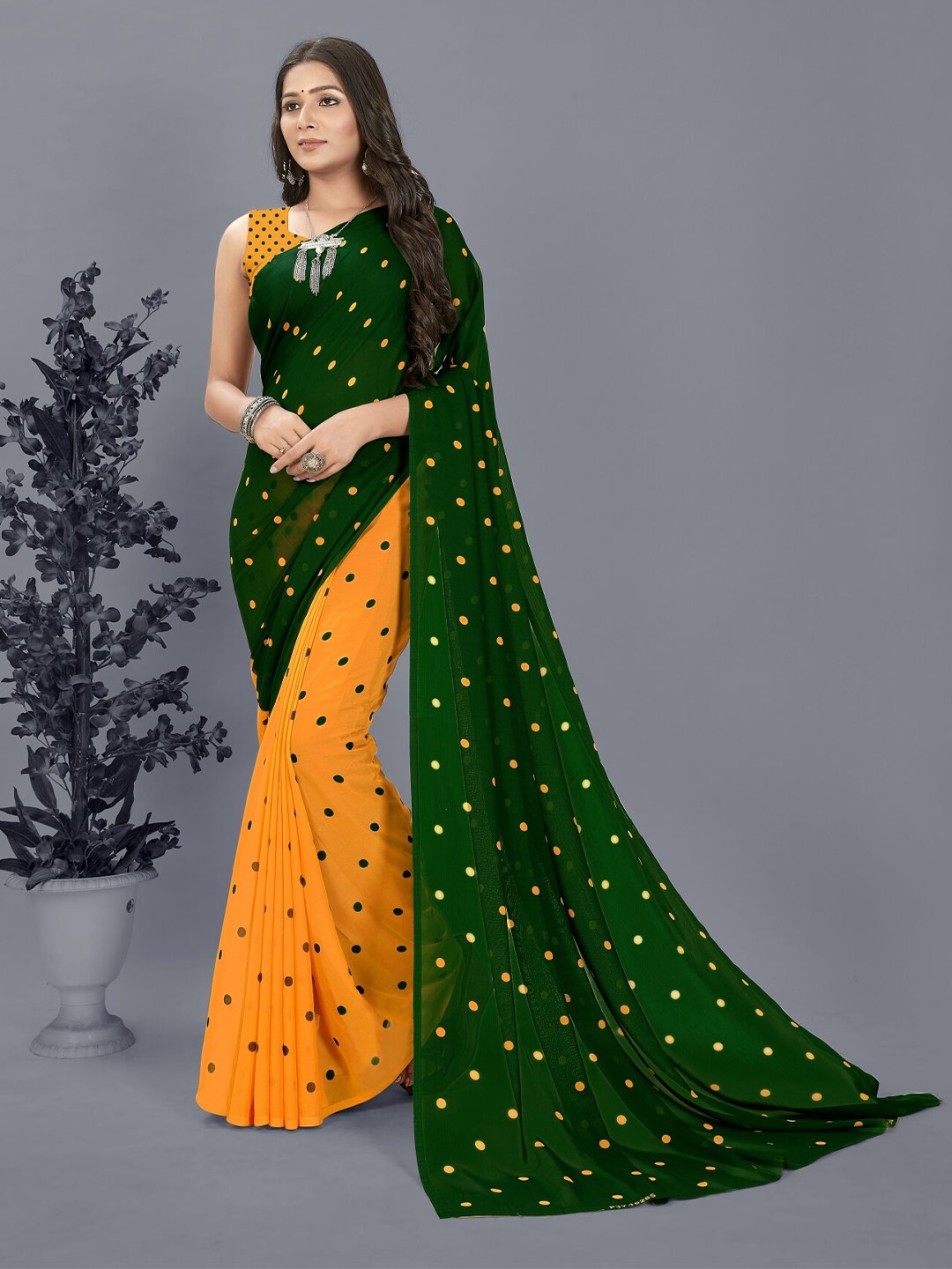 

Moda Rapido Polka Dot Printed Half and Half Saree, Green