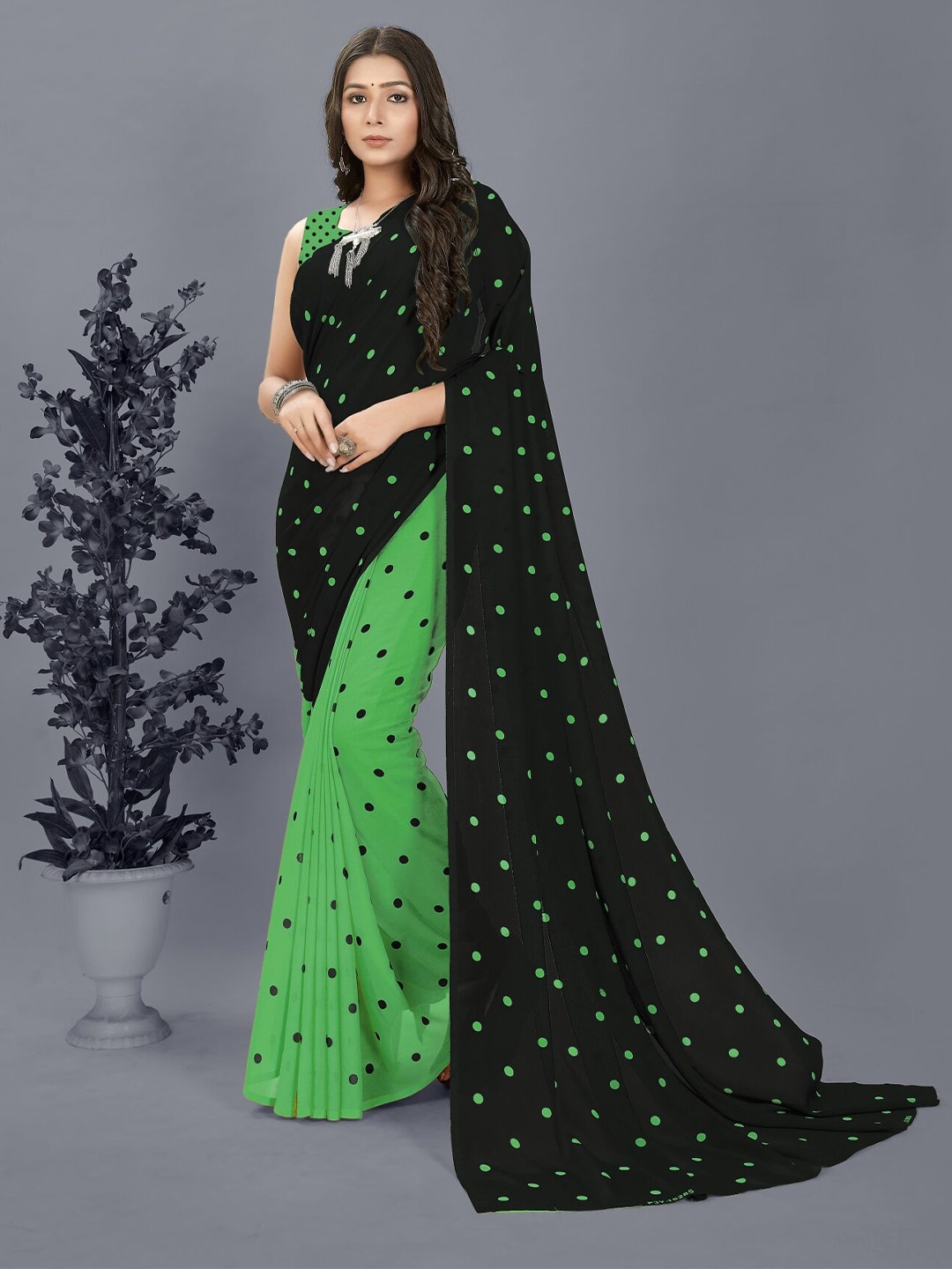 

Moda Rapido Polka Dot Printed Half and Half Saree, Green