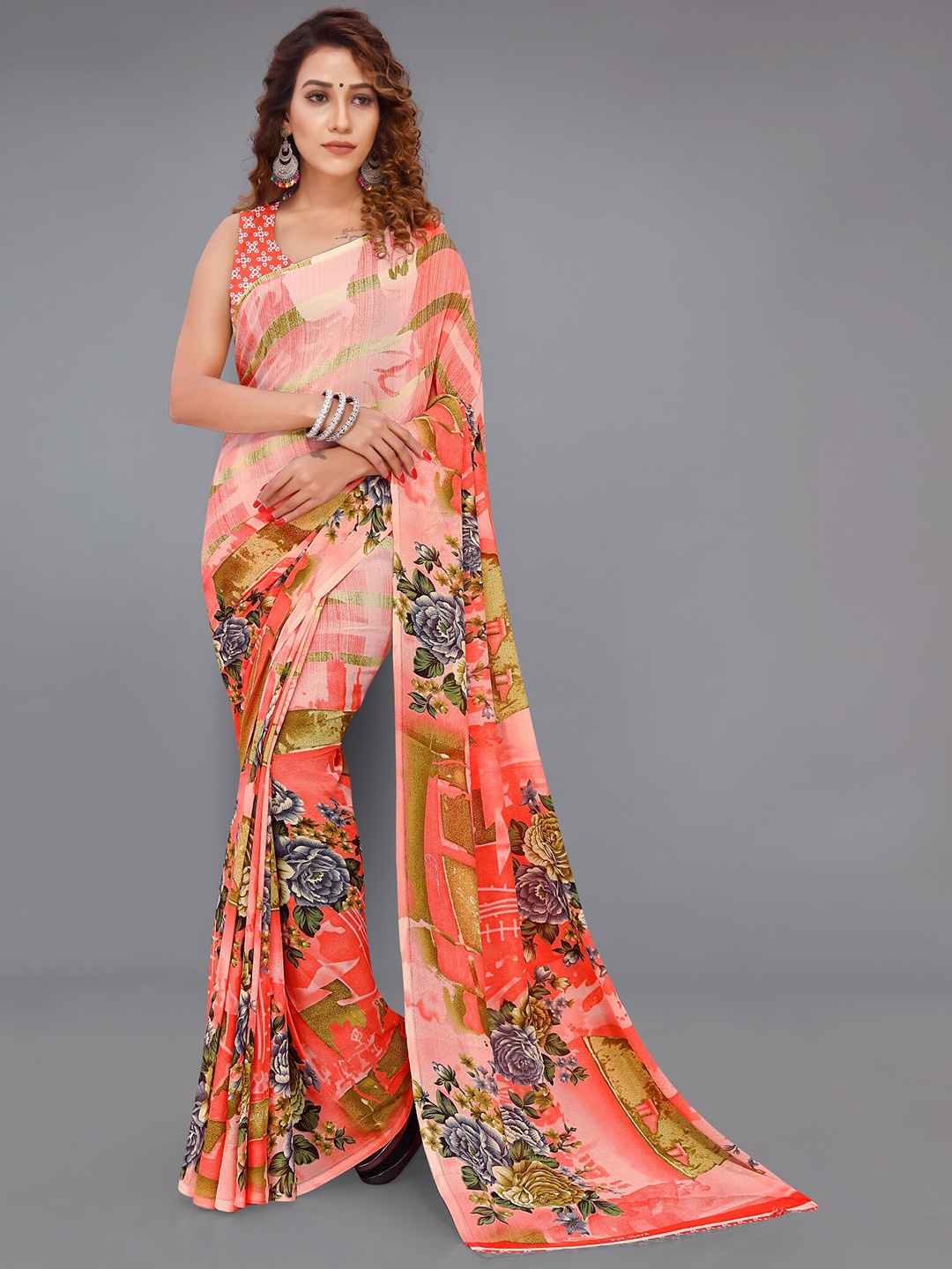 

Moda Rapido Floral Printed Saree, Orange