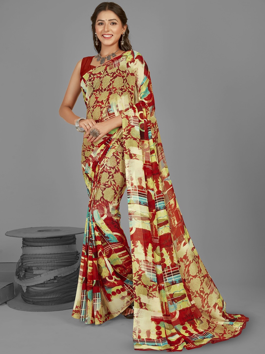 

ANAND SAREES Abstract Printed Saree, Red