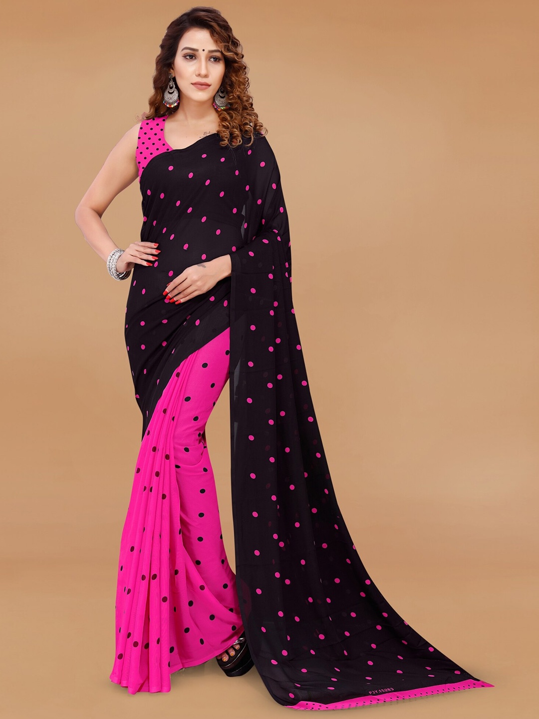 

Moda Rapido Polka Dot Printed Half and Half Saree, Black