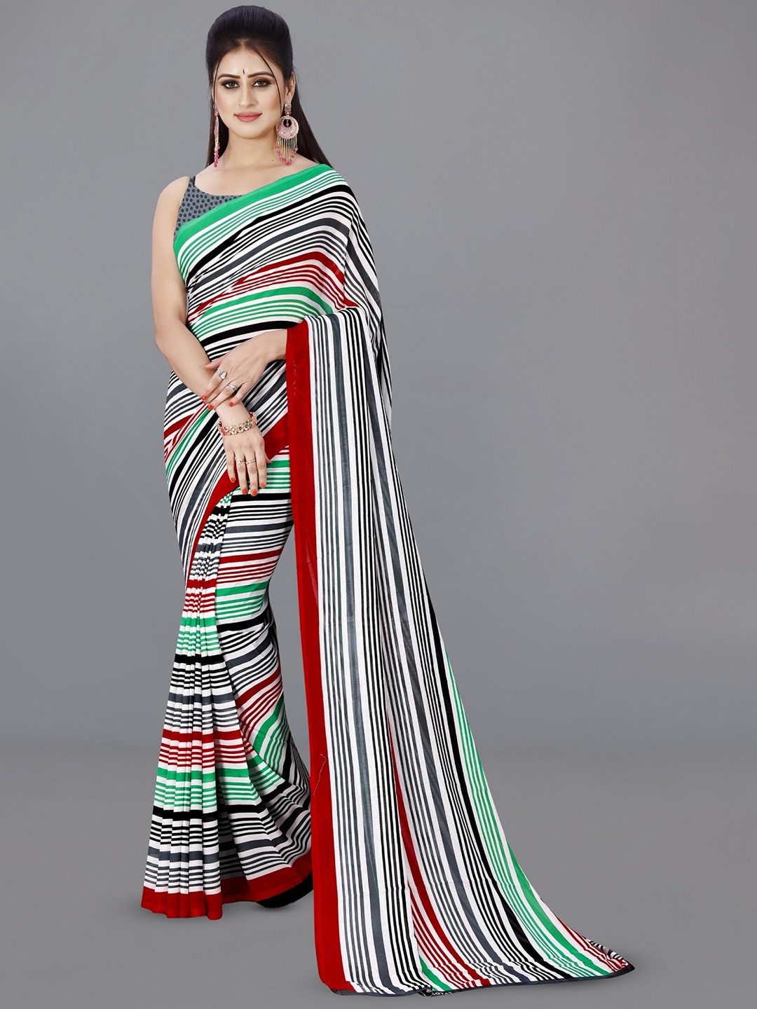 

ANAND SAREES Striped Printed Saree, Grey
