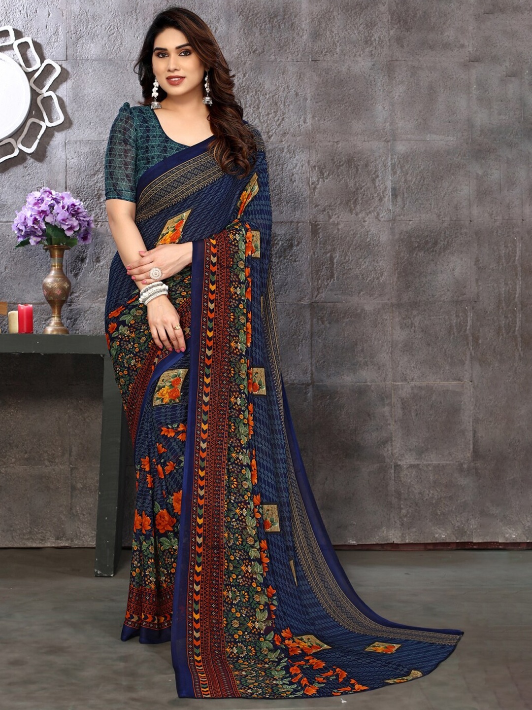 

ANAND SAREES Floral Printed Saree, Blue