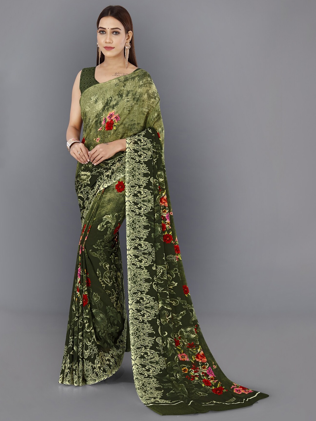 

Moda Rapido Floral Printed Saree, Green