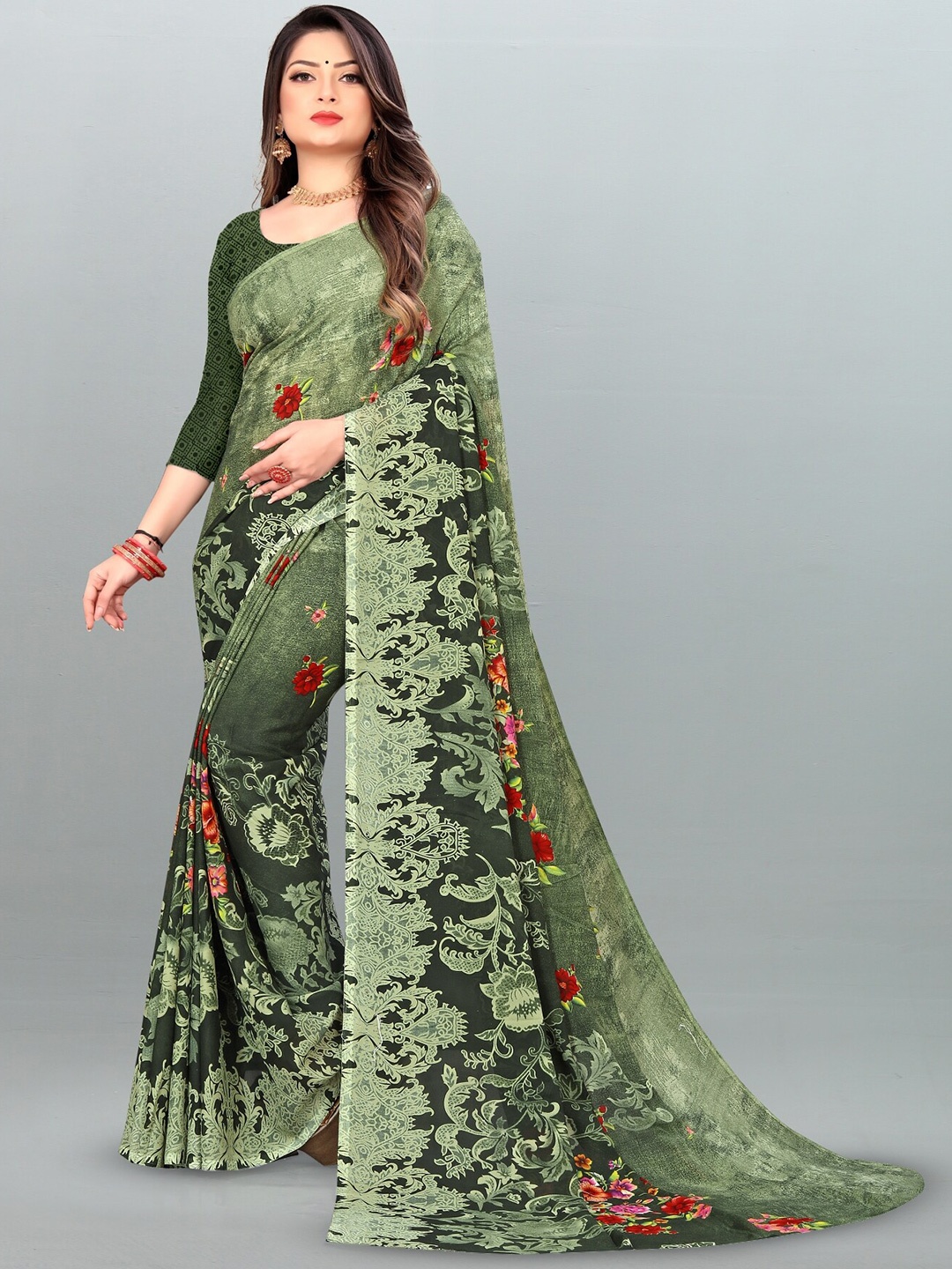 

Moda Rapido Floral Printed Saree, Green