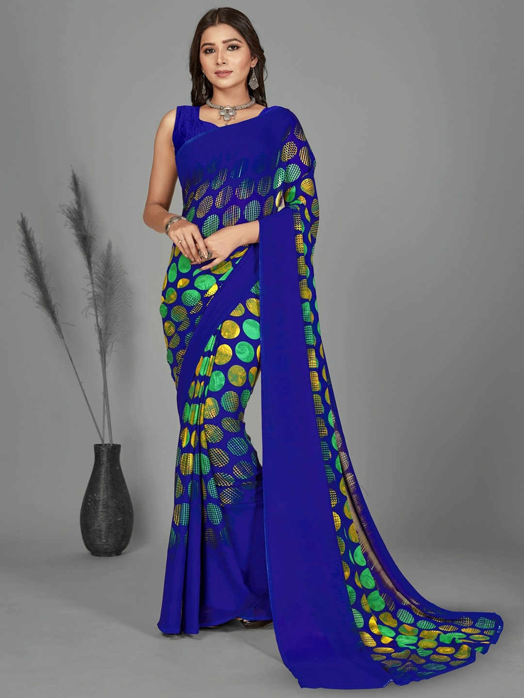 

Moda Rapido Polka Dot Printed Saree, Blue