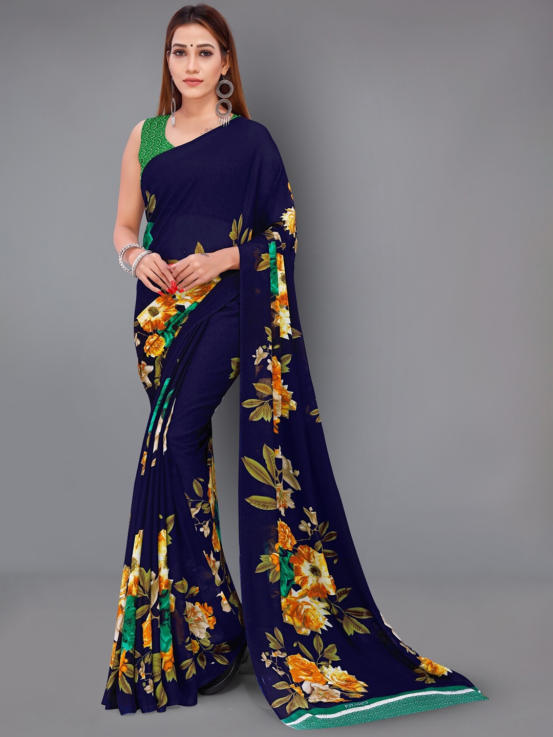 

Moda Rapido Floral Printed Saree, Navy blue