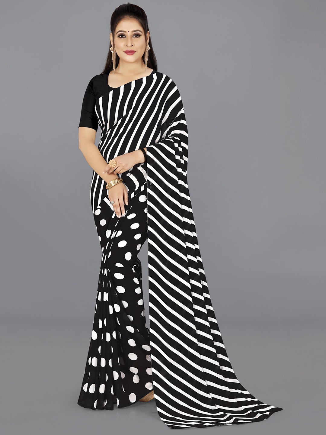 

Moda Rapido Striped Printed Half and Half Saree, Black