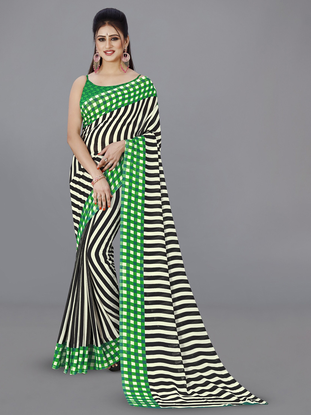 

ANAND SAREES Striped Printed Saree, Green