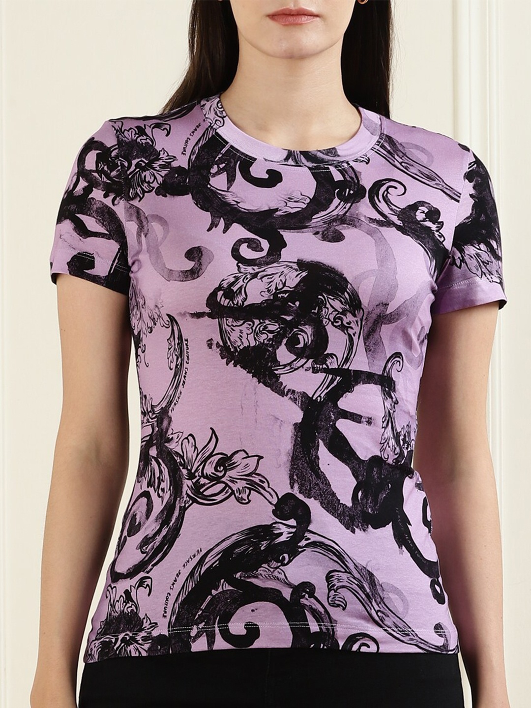 

Versace Jeans Couture Printed Round Neck Short Sleeves Cotton T-shirt, Purple