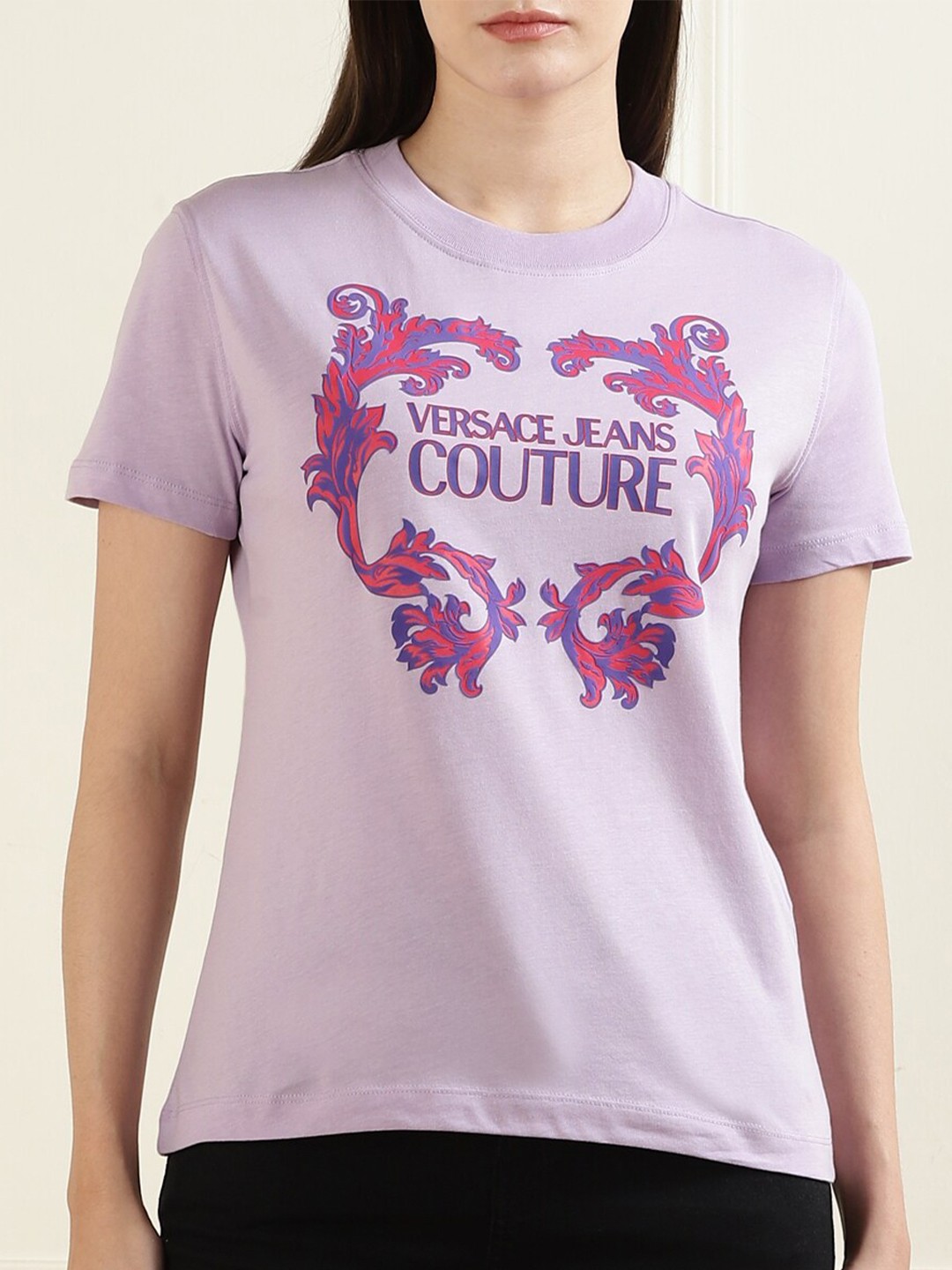 Versace Jeans Couture Typography Printed Round Neck Short Sleeves Cotton T-shirt, Purple
