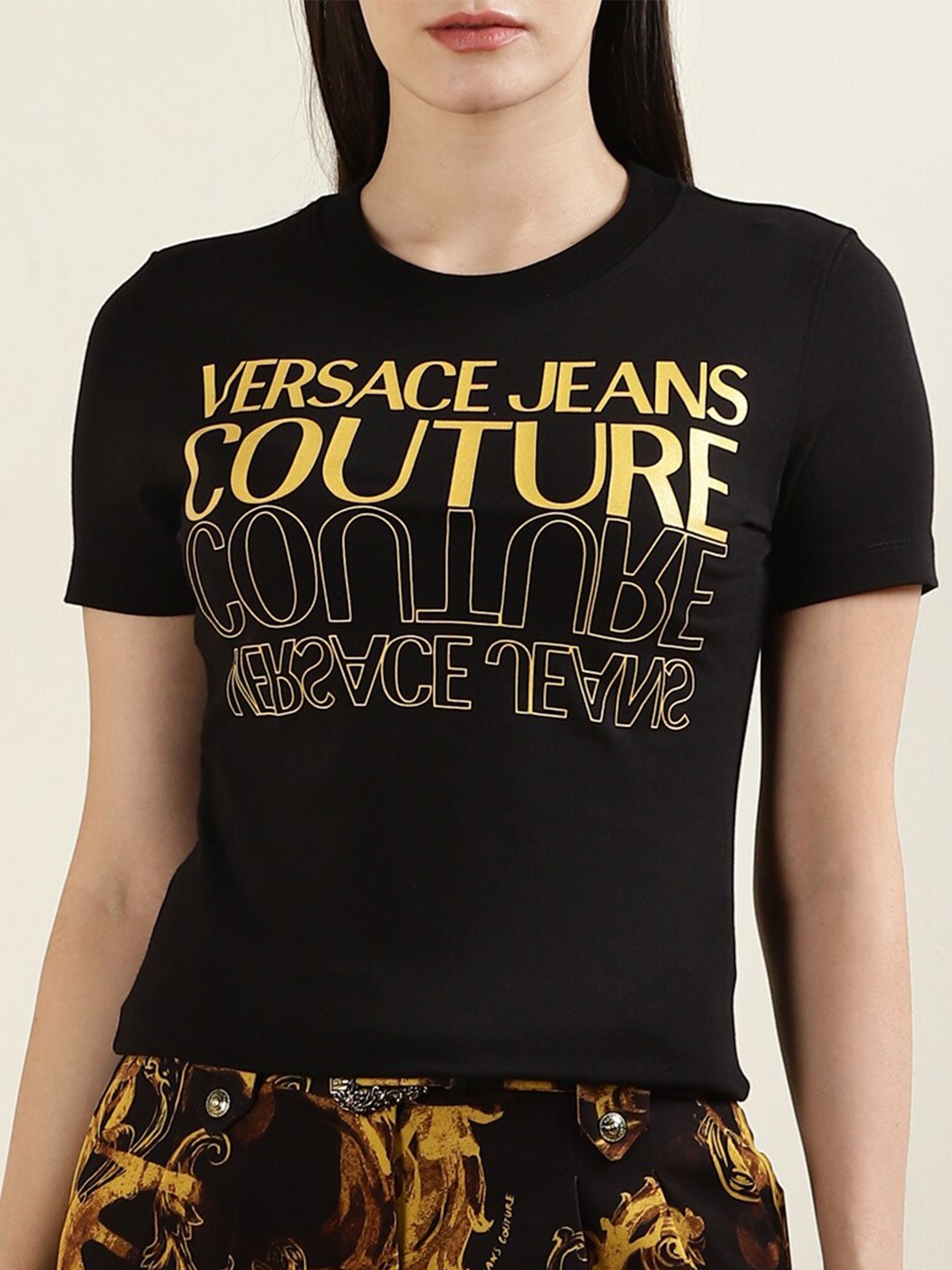

Versace Jeans Couture Typography Printed Round Neck Short Sleeves Cotton T-shirt, Black