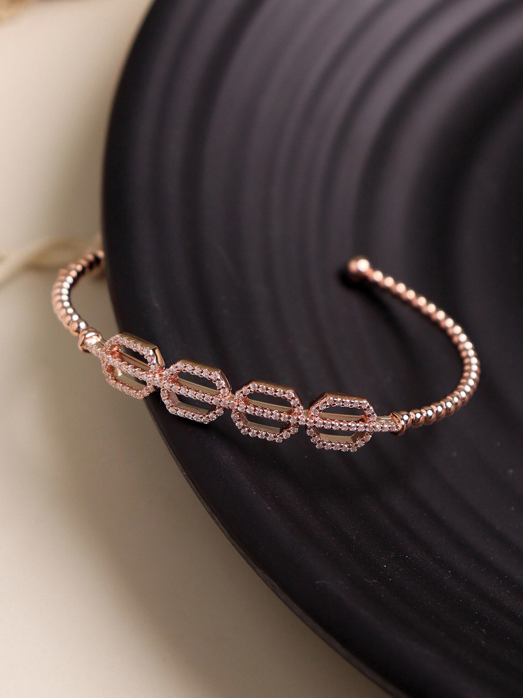 

SILBERRY Women Rose Gold-PlatedSterling Silver Cubic Zirconia-Studded Cuff Bracelet