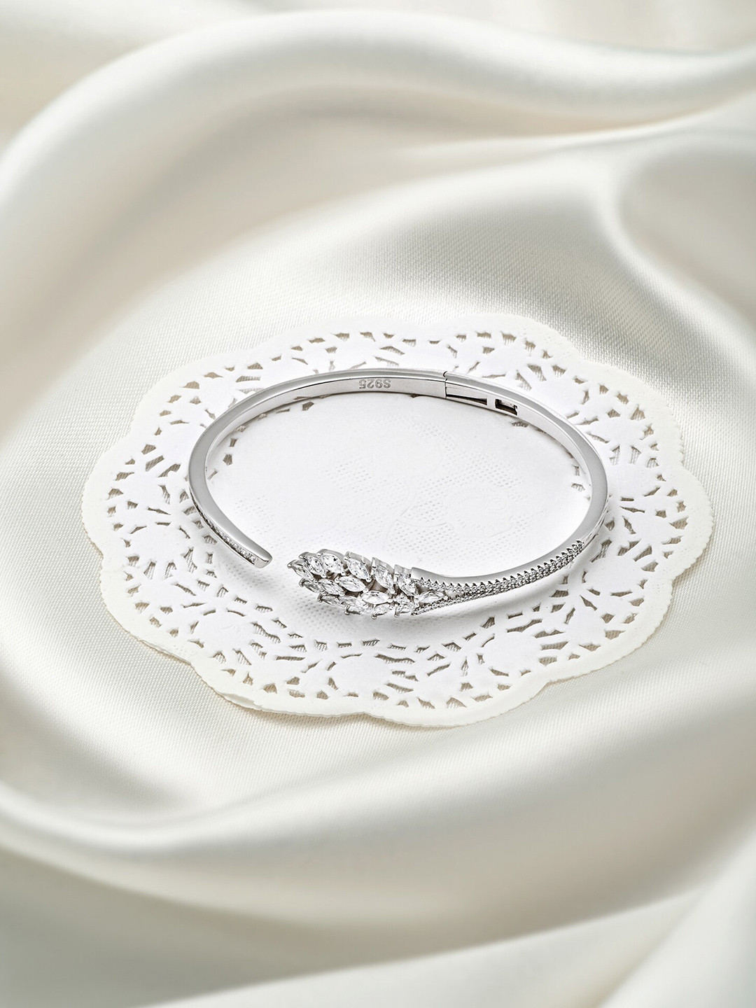 

SILBERRY Women Rhodium-Plated Sterling Silver Cubic Zirconia-Studded Cuff Bracelet