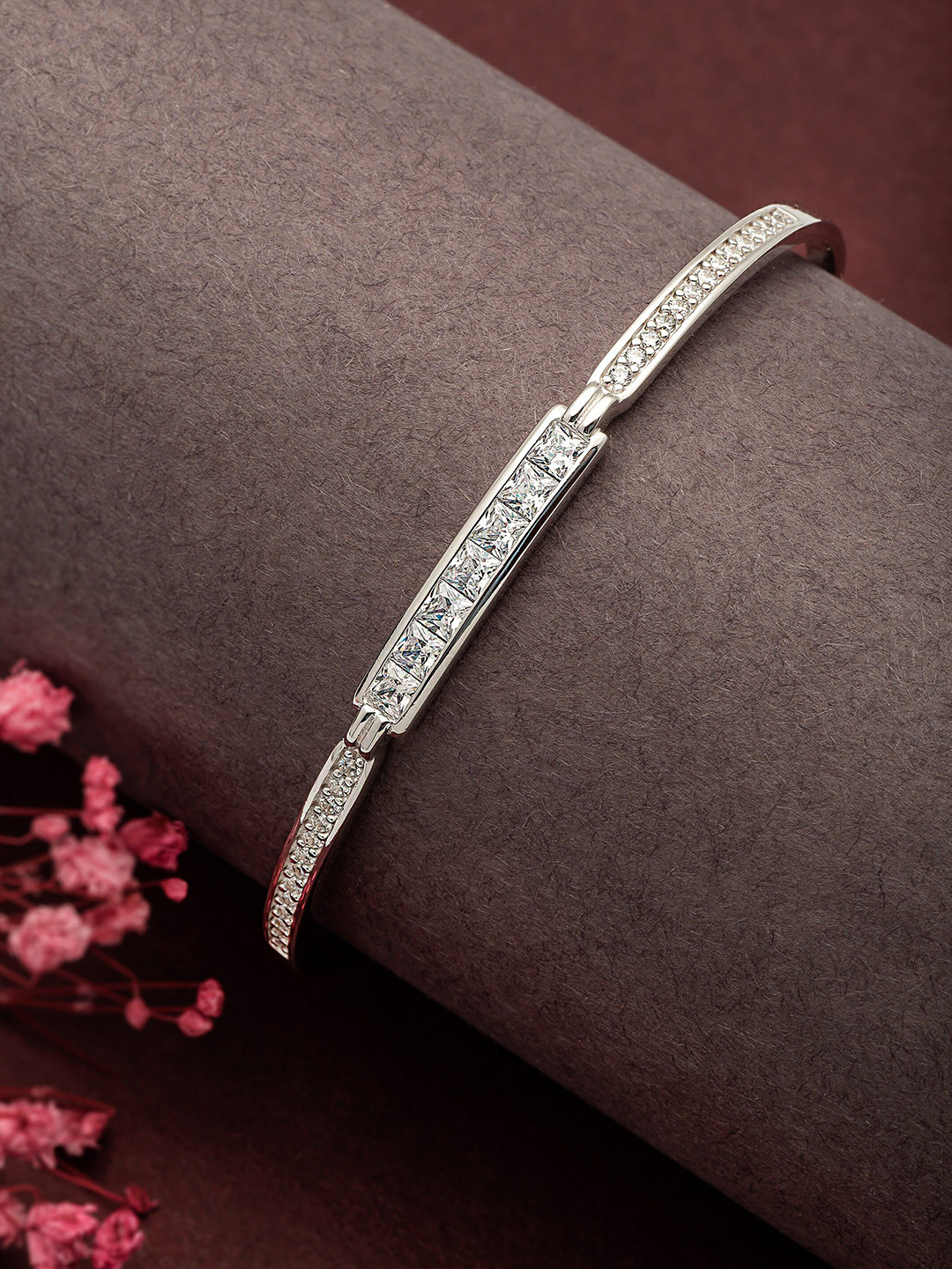 

SILBERRY Women Rhodium-Plated Sterling Silver Cubic Zirconia-Studded Wraparound Bracelet
