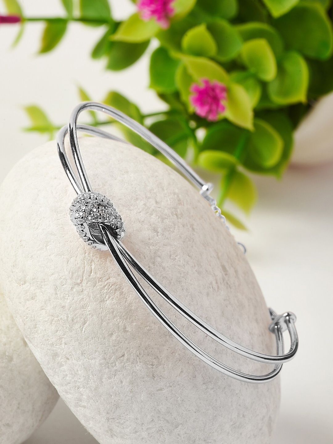 

SILBERRY Women Rhodium-Plated Sterling Silver Cubic Zirconia-Studded Kada Bracelet