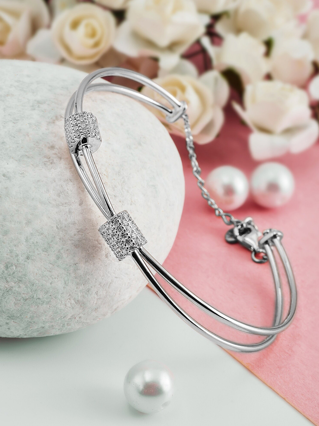 

SILBERRY Women Rhodium-Plated Sterling Silver Cubic Zirconia-Studded Kada Bracelet