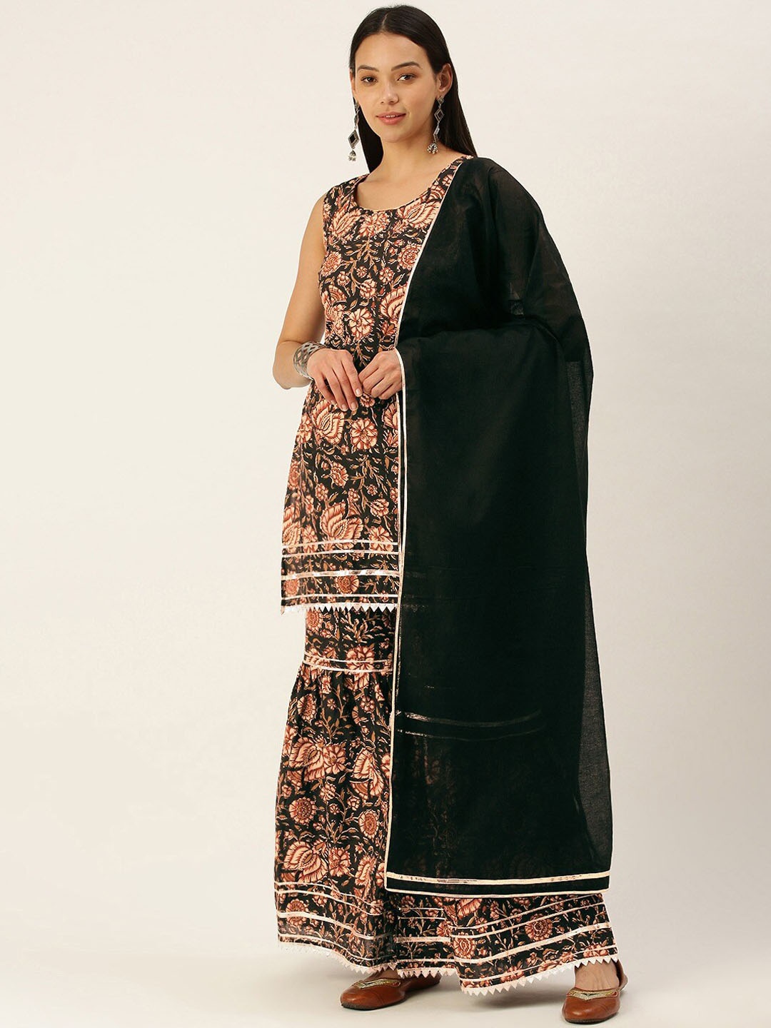 

Shaily Floral Printed Regular Kurta With Sharara & Dupatta, Black