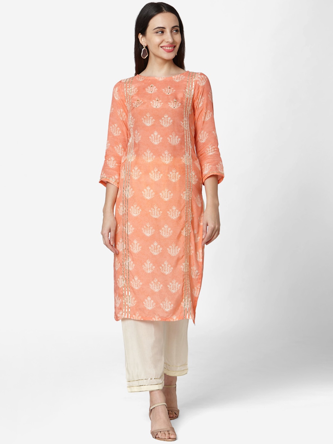 

Shaily Ethnic Motifs Printed Regular Gotta Patti Kurta with Trousers, Orange