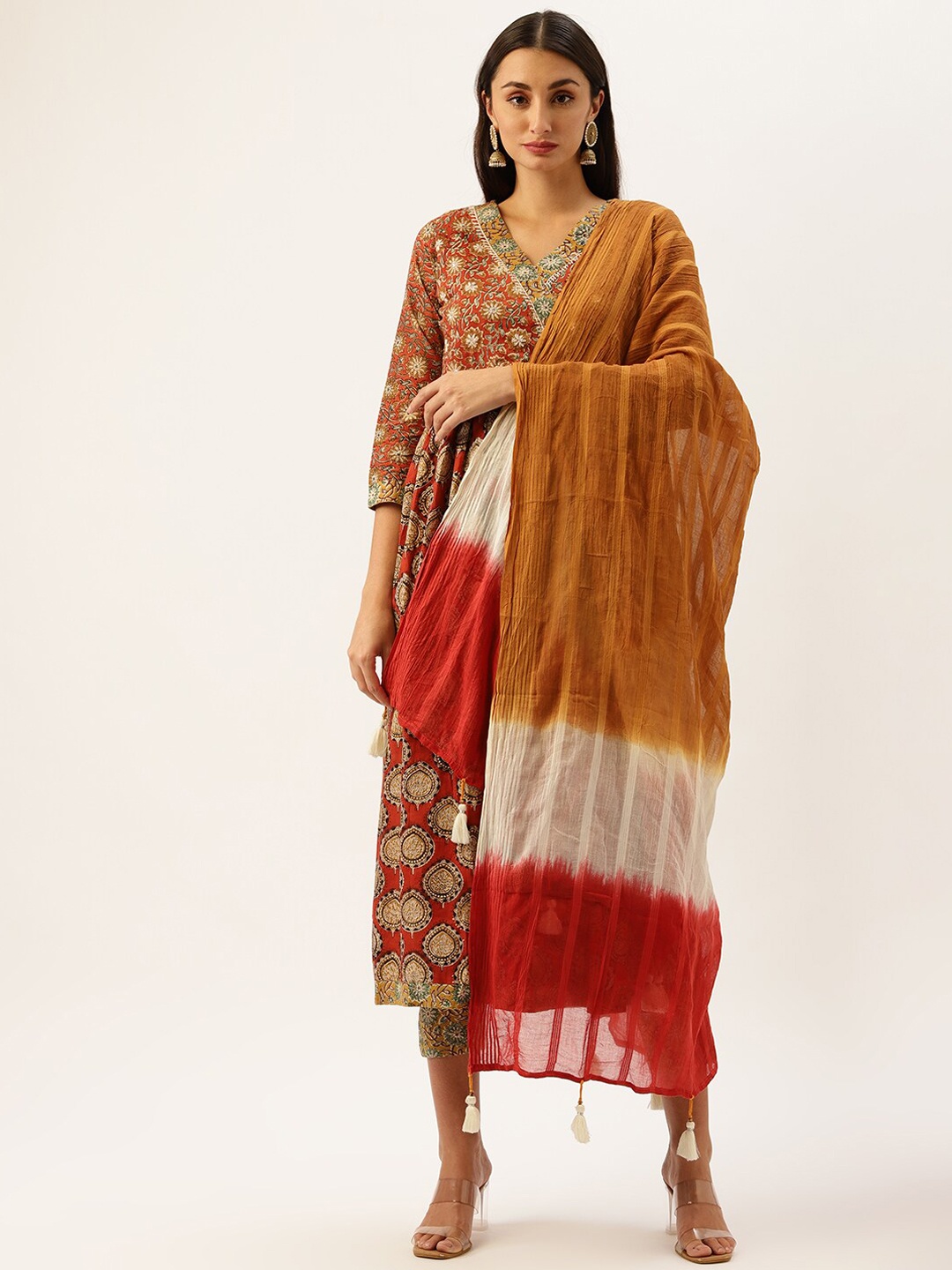 

Shaily Floral Printed Empire Kurta With Trousers & Dupatta, Brown